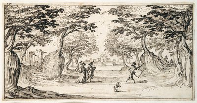 En fin dame og herre som danser i skogen til en lutt, et slott i det fjerne (penn og brunt blekk på papir) av Jacques Callot