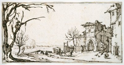 En høve blir brakt til middelalderporten til en landsby, en mann som klipper en gren, fra et album som tilhører Israel Silvestre, ca. 1630 (penn og blekk på papir) av Jacques Callot