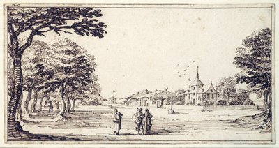 En gate i Bainville-sur-Madon, med Callots hus (penn og brunt blekk på papir) av Jacques Callot