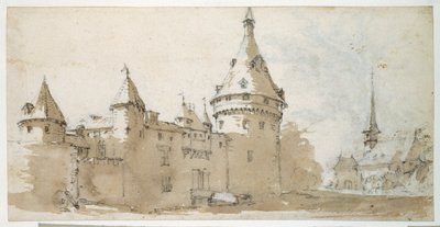 Et slott med tårn og en kirke (brun og grå vask over svart kritt på papir) av Jacques Callot