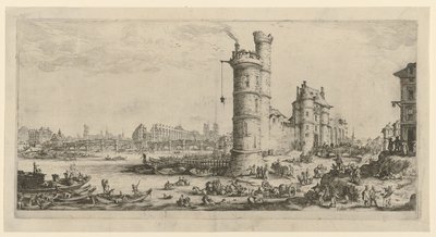 Utsikt over Pont Neuf, blad fra serien «To store utsikter over Paris» av Jacques Callot