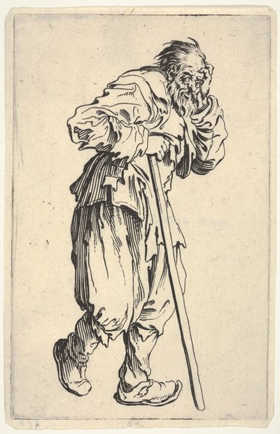 Skjeggete mann kledd i filler, som holder hodet med den ene hånden og en spaserstokk med den andre, fra «Tiggerne» (Les Gueux) av Jacques Callot