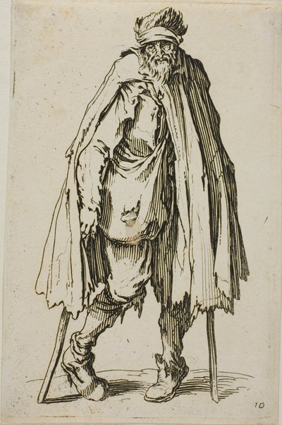 Beggar Leaning on a Stick, plate nitten fra The Beggars av Jacques Callot