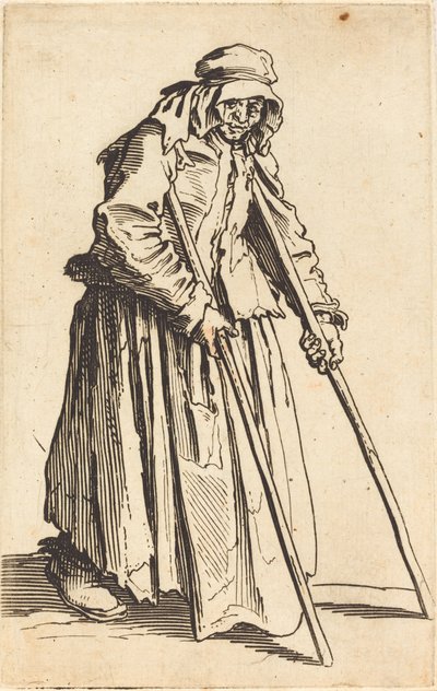 Tiggerkvinne med krykker, ca. 1622. av Jacques Callot