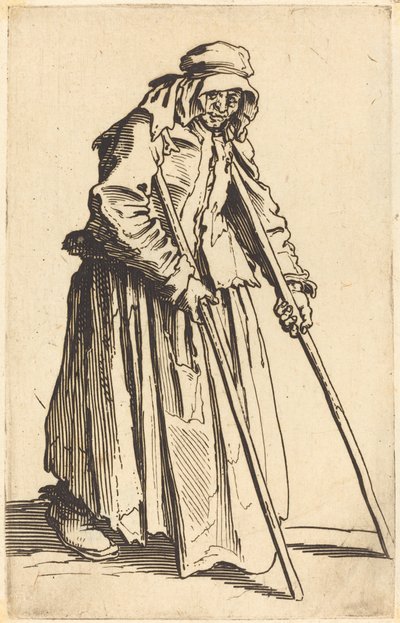 Tiggerkvinne med krykker, ca. 1622. av Jacques Callot