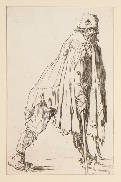 Tigger i lue, på krykker, fra The Beggars. av Jacques Callot