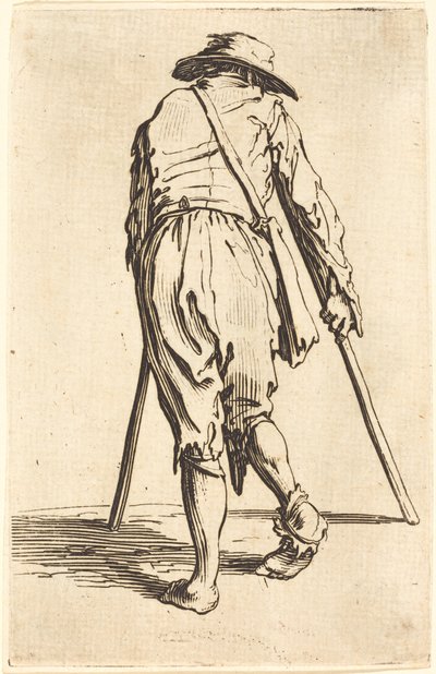 Tigger med krykker og hatt, sett bakfra av Jacques Callot