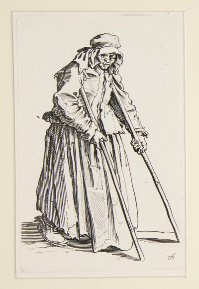 Tiggerkvinne på krykker, fra The Beggars (La mendiante aux bequilles) av Jacques Callot