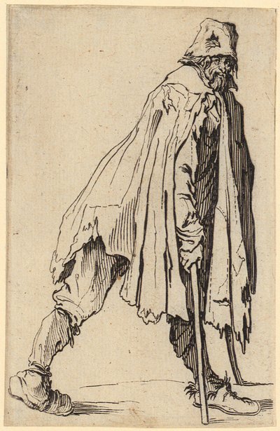 Tigger med krykker og hatt, ark 4 fra serien «Tiggerne» av Jacques Callot