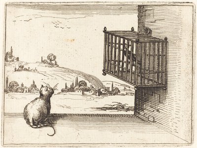 Katt som ser på burfugl av Jacques Callot