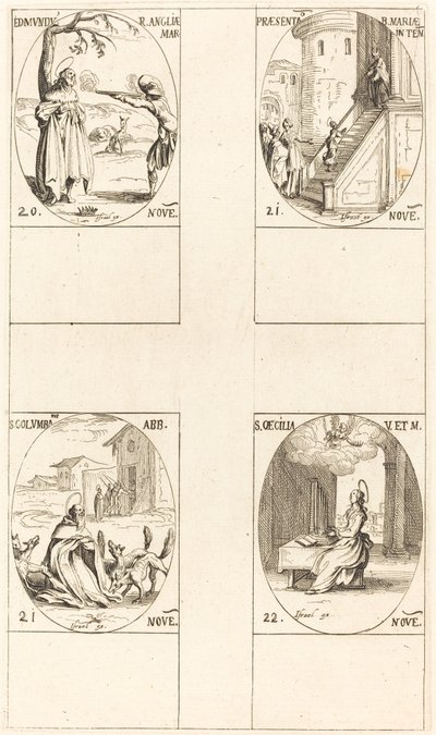 Edmund, konge av England, martyr, presentasjon av jomfruen, St. Columba, St. Cecil. av Jacques Callot