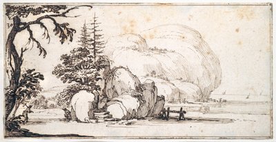 Fantastiske steiner ved kysten, bygninger ved kysten (penn og brunt blekk på papir) av Jacques Callot