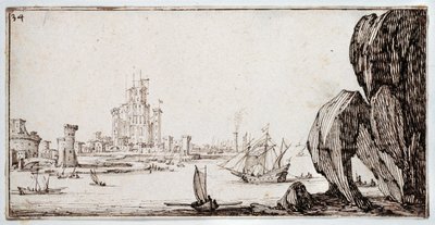 Harbor (penn og brunt blekk på papir) av Jacques Callot