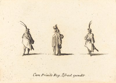 Dame i lang kappe, og to herrer av Jacques Callot
