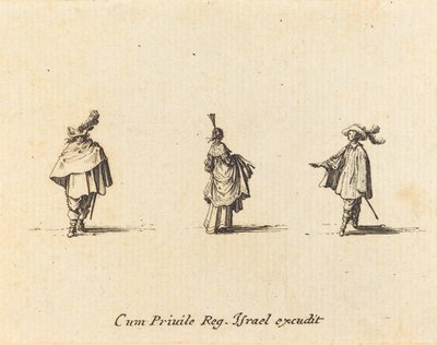 Dame med kjole samlet, og to herrer av Jacques Callot