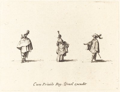 Dame med kjole samlet, og to herrer av Jacques Callot