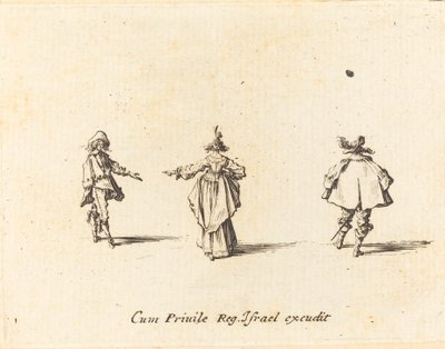 Dame med utstrakt arm, sett bakfra, og to herrer av Jacques Callot