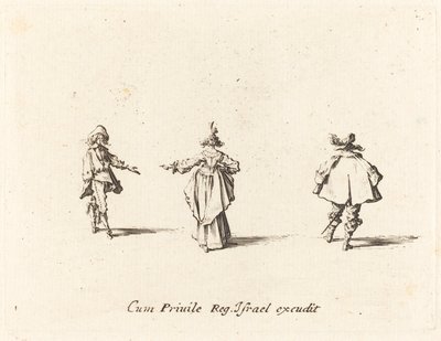Dame med utstrakt arm, sett bakfra, og to herrer av Jacques Callot