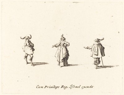 Dame med utstrakt arm og to herrer, sannsynligvis 1634. av Jacques Callot