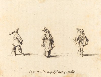 Dame med plymer og to herrer, sannsynligvis 1634. av Jacques Callot