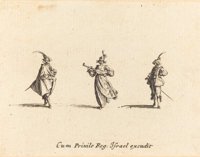 Dame med strykeinstrument, og to herrer av Jacques Callot