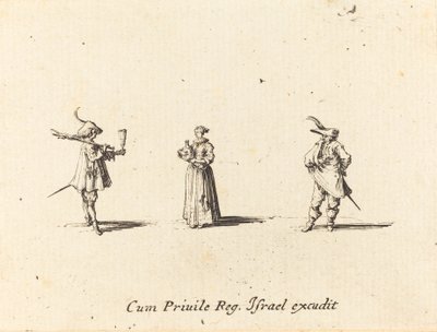 Dame med vinflaske, og to herrer av Jacques Callot