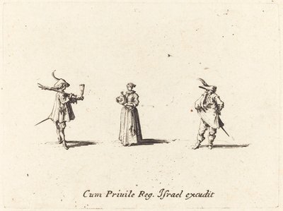 Dame med vinflaske og to herrer, sannsynligvis 1634. av Jacques Callot