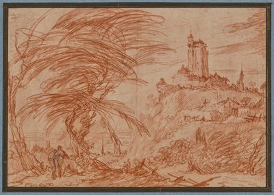 Landschaft, rechts auf einem Hügel ein großer Turm, links eine Baumgruppe und einige Figuren av Jacques Callot