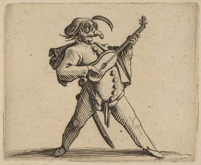 Den maskerte komikeren som spiller gitar, fra ..., 1616-22. av Jacques Callot