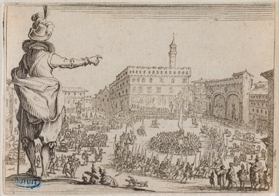 Innfallene, En fest på Piazza della Signoria i Firenze. Førtisjette nummer i serien på 50 trykk gravert i Nancy (Lieure 473, Meaume 859) av Jacques Callot