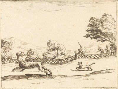 Løvinne og unge forfulgt av jegere av Jacques Callot
