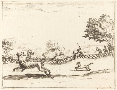 Løvinne og unge forfulgt av jegere av Jacques Callot