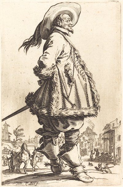 Edel mann med mantel trimmet i pels, holder hendene bak ryggen av Jacques Callot