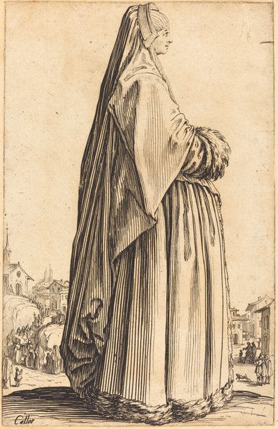 Edel kvinne iført slør og kjole trimmet i pels av Jacques Callot