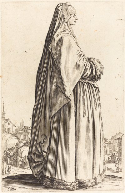 Edel kvinne iført slør og kjole trimmet i pels av Jacques Callot