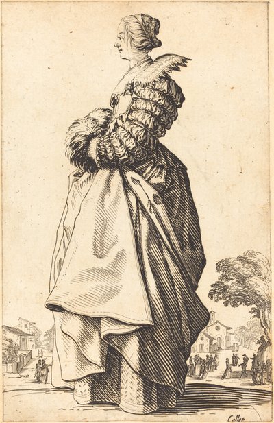 Edel kvinne i profil med hendene i en muff av Jacques Callot