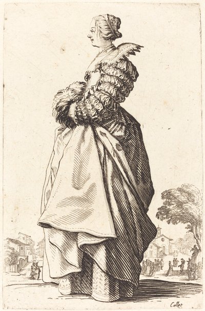 Edel kvinne i profil med hendene i en muff av Jacques Callot