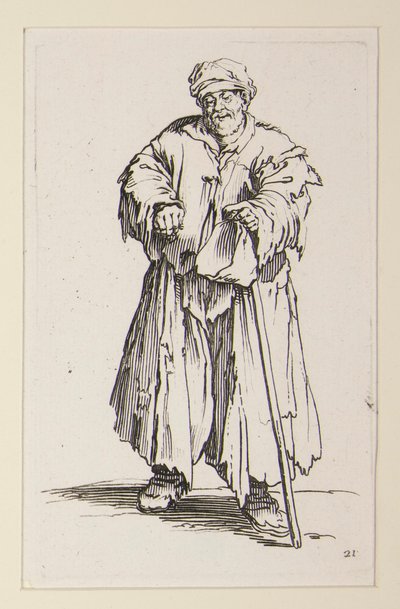 Overvektig mann med senkede øyne, fra tiggerne (Le mendiant obese aux yeux baisses) av Jacques Callot