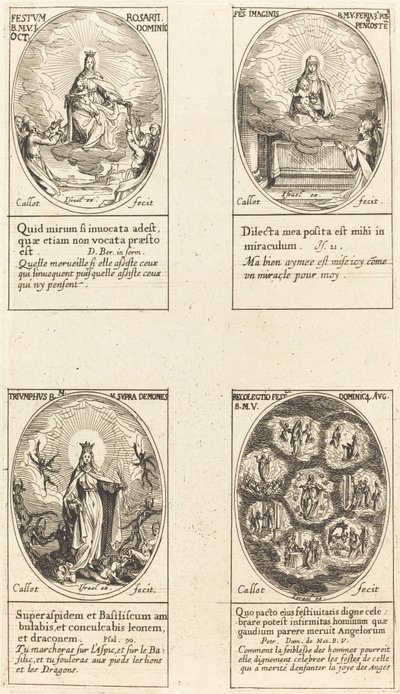 Vår Frue av rosenkransen; Jomfru og barn som vises i en sky; Triumferende jomfru; Reu av Jacques Callot