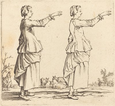 Bondekvinne, i profil, vendt mot høyre, med armen utstrakt av Jacques Callot