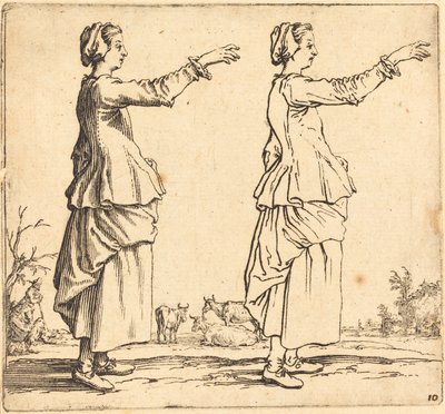 Bondekvinne, i profil, vendt mot høyre, med armen utstrakt, 1617 og 1621. av Jacques Callot