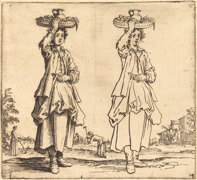 Bondekvinne med kurv på hodet, sett forfra av Jacques Callot