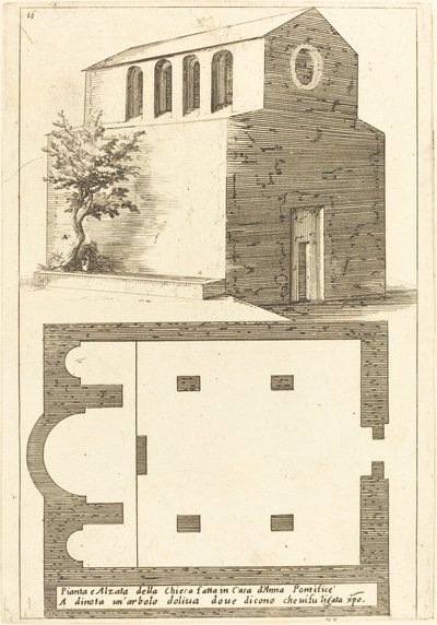 Plan og høyde av kirken nær huset til Annas av Jacques Callot