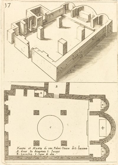 Plan og høyde av kirken S. Iacoma av Jacques Callot