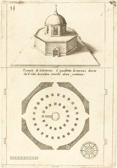 Plan og gjengivelse av Salomos tempel av Jacques Callot