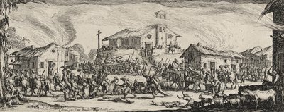 Plundering og brenning av en landsby, 1633 (etsing på lagt papir) av Jacques Callot