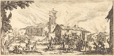 Herjer og brenner en landsby, ca. 1633. av Jacques Callot