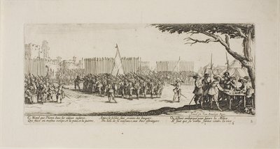 Rekruttering av tropper, plate to fra The Miseries of War av Jacques Callot