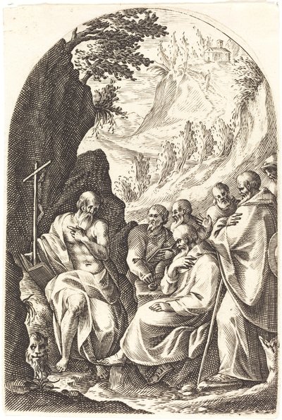 Den hellige Hieronymus instruerer sine disipler i ørkenen av Jacques Callot