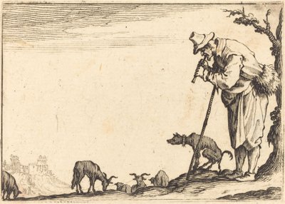 Shepherd spiller fløyte, ca. 1617. av Jacques Callot